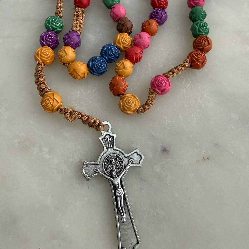 Colorful Wooden Rose Rosary with Silver Cross